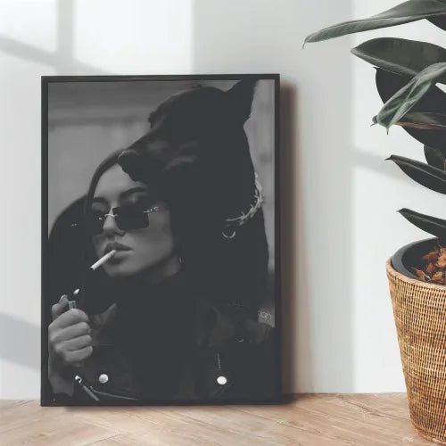 Thug Girl x dog aesthetic B&W portrait - wall art