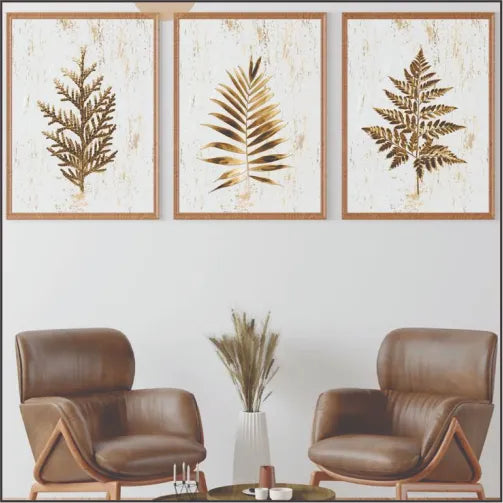 Bundle set of 3 Golden Plants Abstract Art - wall art