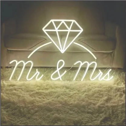 Mr & Mrs With cute crystal Ring wedding neon sign