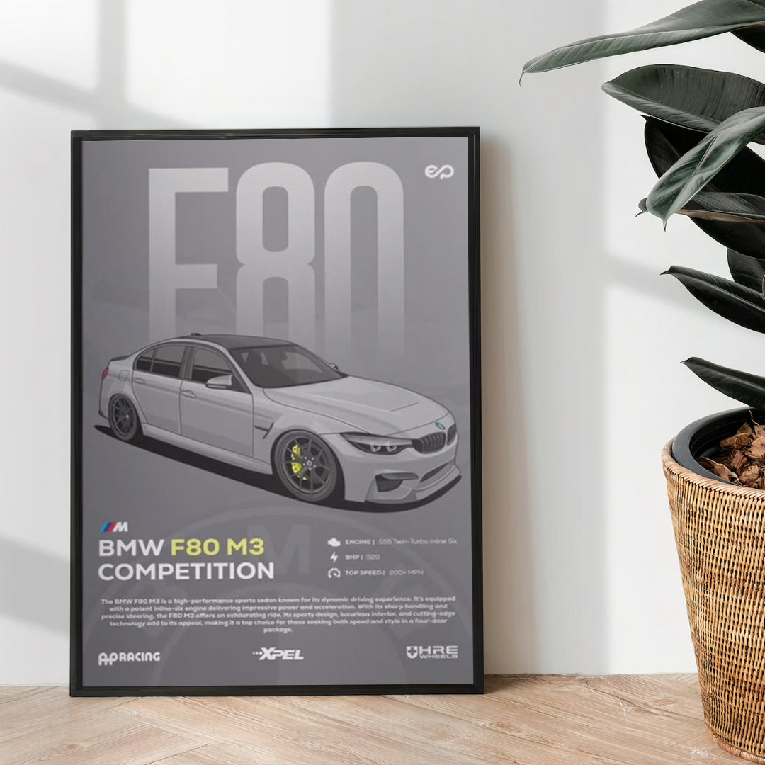A framed poster of a BMW F80 M3 Competition car displayed on a wall, next to a potted plant.
