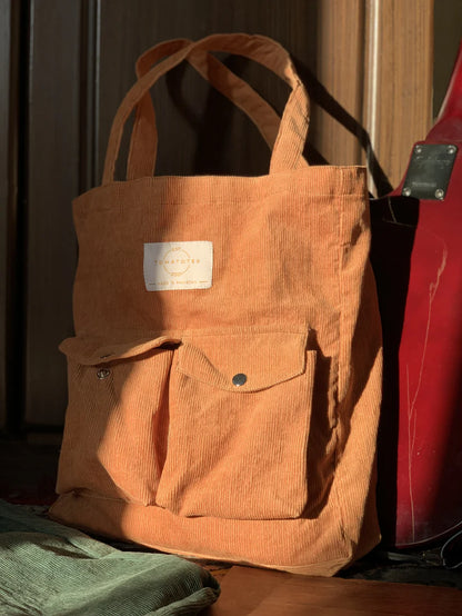 Double Front-Pocket Corduroy Tote Bag