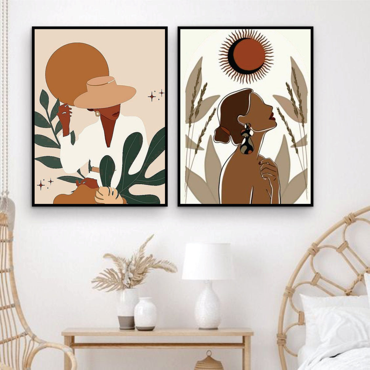 Bundle set of 2 Minimal boho Fashion Girls Abstract Art - wall art