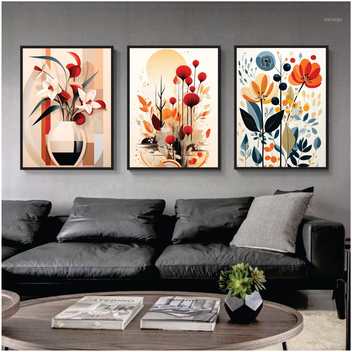 Bundle set of 3 Boho Minimal Colored flowers Abstract Art - wall art
